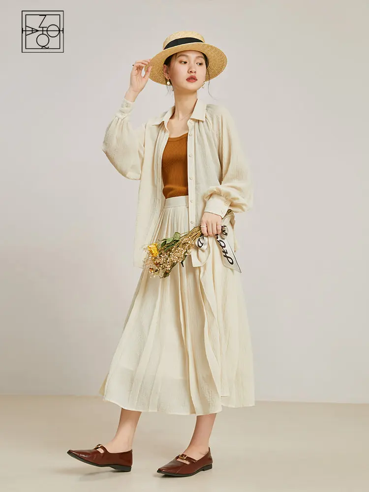 

ZIQIAO French Retro Chiffon Shirt Skirt Suit for Women Spring New Design Sense Cozy Loose Shirt Top +A-line Elegant Skirt Female