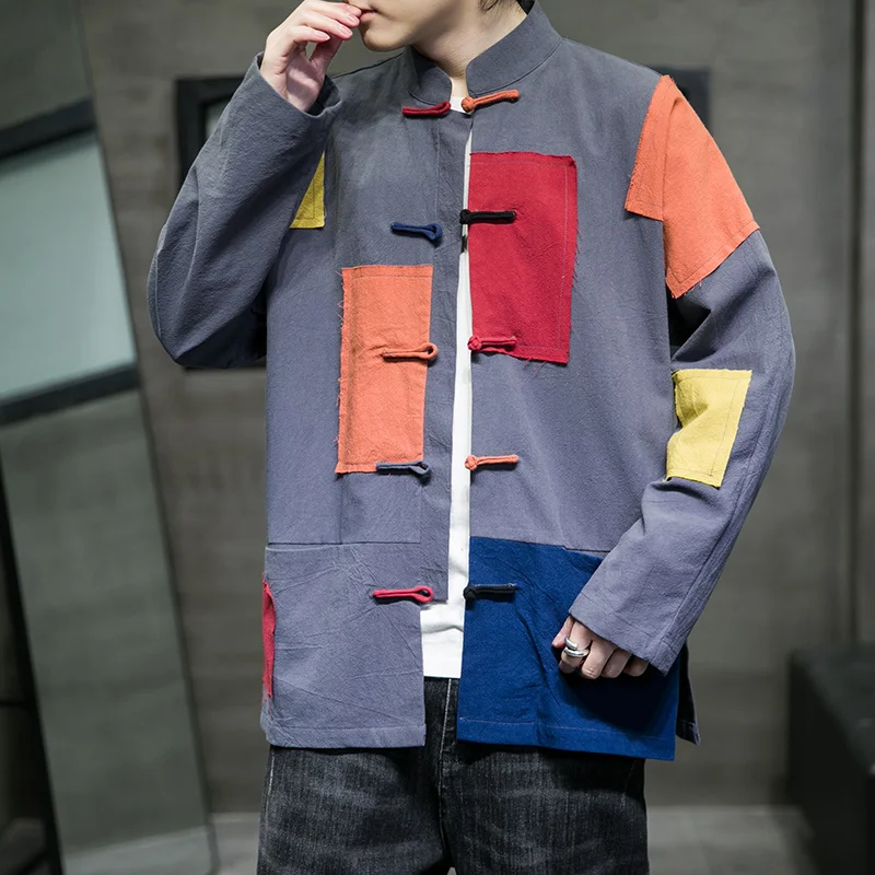 

Рубашка Мужская льняная контрастная в китайском стиле с длинным рукавом