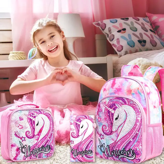  AGSDON Mochila de unicornio de 3 piezas para niñas, 16  pulgadas, con lentejuelas, para la escuela preescolar y lonchera : Ropa,  Zapatos y Joyería