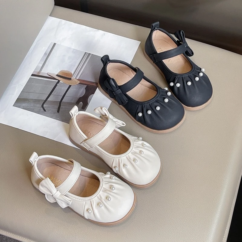 Leather Kids Flat Shoes for Girls with Bowknot and Pearl