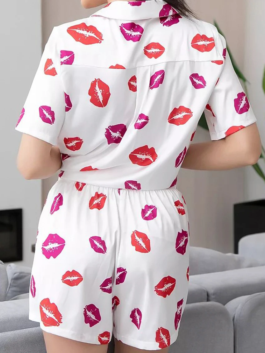 Marthaqiqi Loose Ladies Sleepwear 2 Piece Suit Turn-Down Collar Pajama Short Sleeve Nightwear Shorts Casual Printing Nightie Set