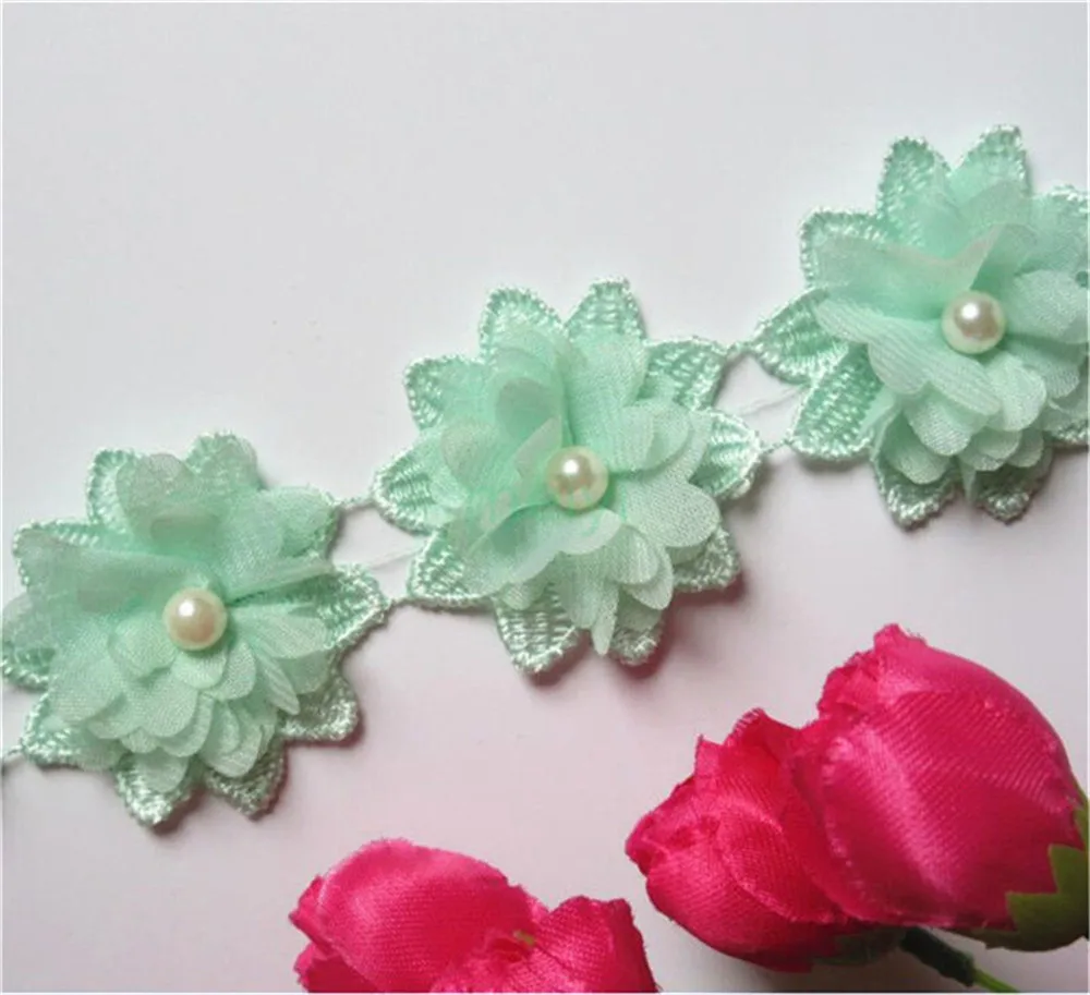 50x White Flower Chiffon Pearl Embroidered Lace Trim Ribbon Fabric Handmade DIY Sewing Craft For Costume Hat Shoes Decoration lace fabric lace ribbon chiffon fabric lace sewing supplies chiffon lace fabric lace decoration lace accessories lace sewing accessories