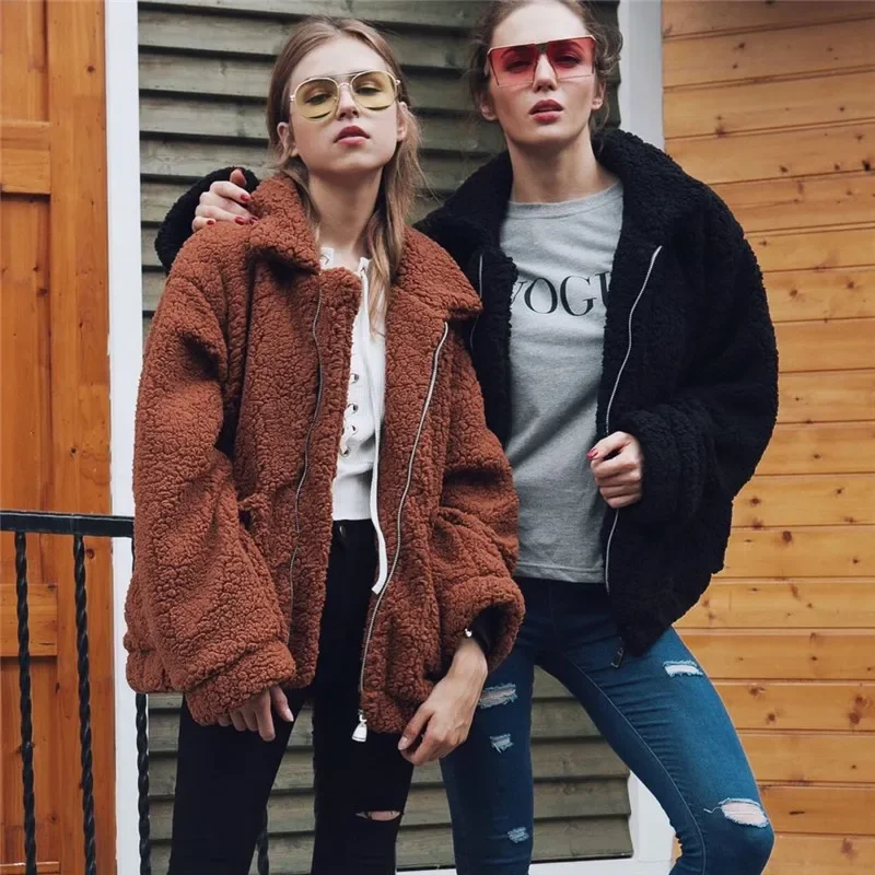 2021 Women Fashion Casual Faux Fur Coat Ladies Winter Thick Warm Soft Wool Teddy Coat Female Pocket Zipper Jackets