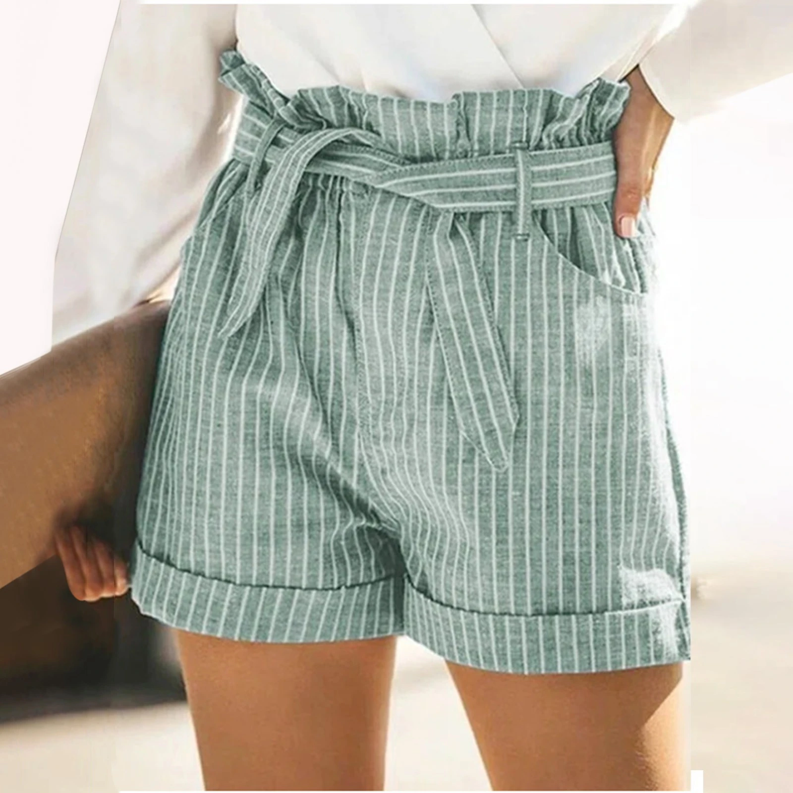 cortos elásticos de cintura alta para mujer, pantalón corto con bolsillo y a rayas, de estilo coreano, talla grande # g3| | - AliExpress