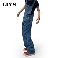 Salopette pour hommes Denim bretelles Simple Baggy jean hommes rue décontracté solide taille moyenne ample lavé combinaisons longueur survêtement 3