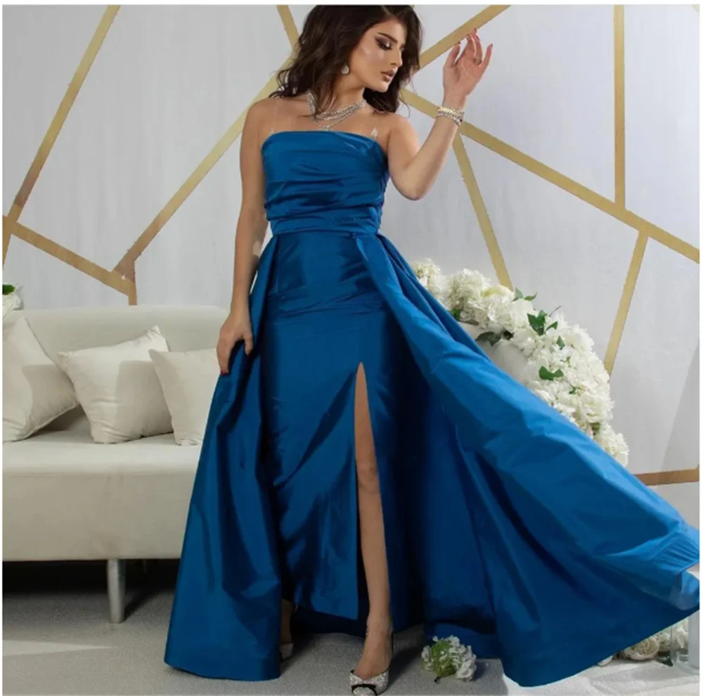 

Long Blue Taffeta Evening Dresses Sheath Zipper Back Sweep Train Pleats Prom Dresses Strapless Vestidos De 15 Quinceañera 2024