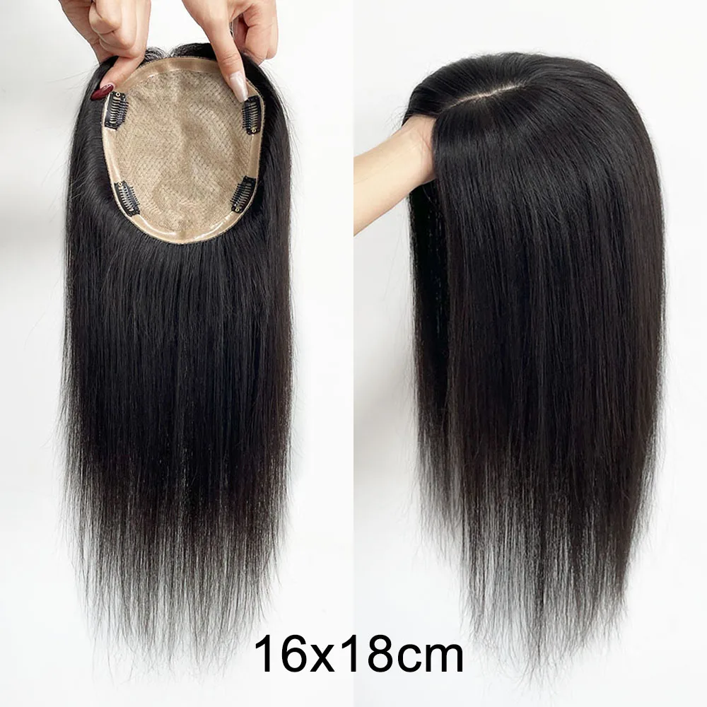 Topper per capelli umani con base in seta, capelli Remy europei lisci, completamente annodati a mano, morbidi e traspiranti, con clip per donna - immagine 2