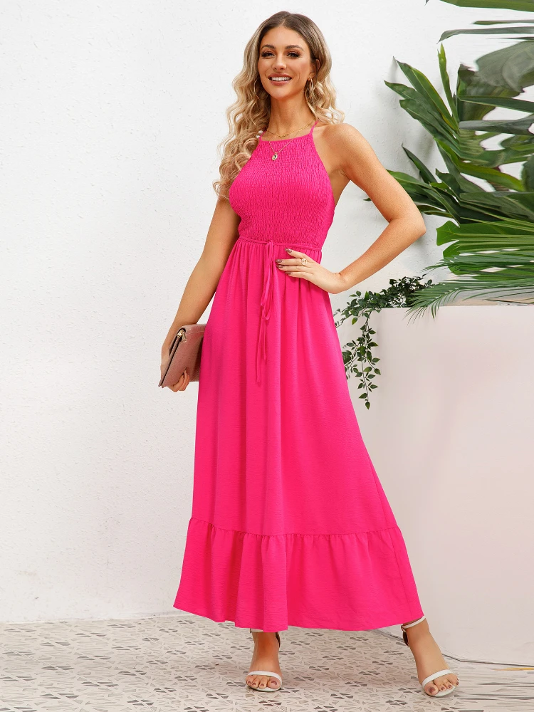 

New 2024 Summer Dress for Women Clothing Temperament Fashion Solid Slash Neck Camisole Sexy Strap Beach Dresses A-line Skirt