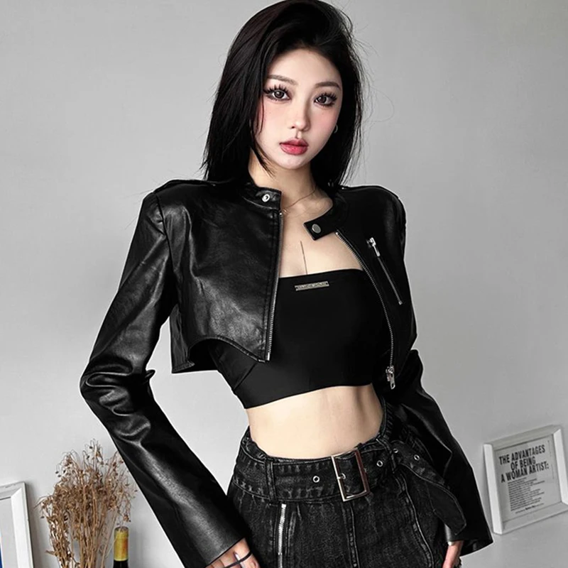 Black Pu Leather Jacket Women Sexy Cropped Harajuku Y2K Biker