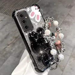 Glitter Mirror Rabbit Phone Holder Case with Airbag and Stand - Anti-Knock Back Cover for SamsungS25Ultra (Black)