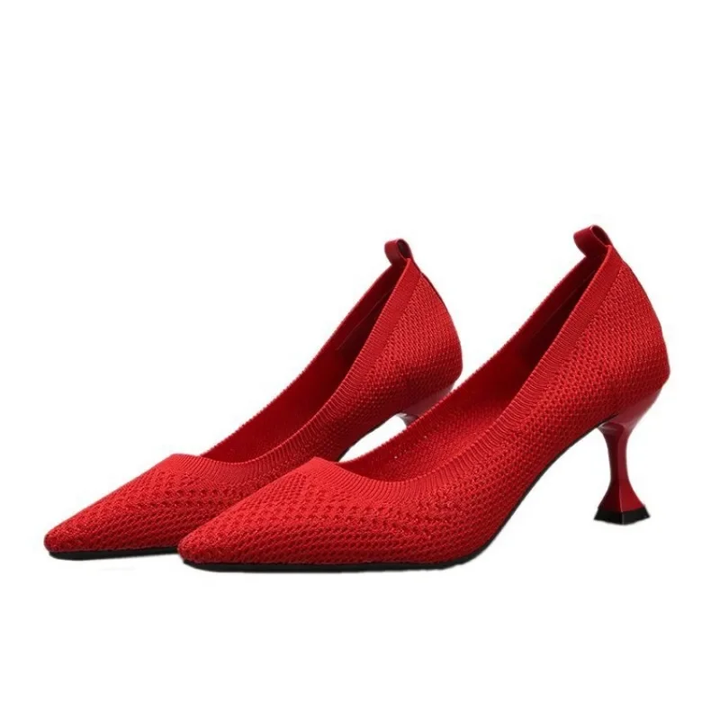 High heels for women with slender pointed heels, 2024 spring/summer autumn new elastic knitted comfortable single shoes 4