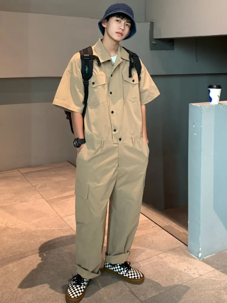 Spring Summer Men's Jumpsuit Solid Overalls Loose Cargo Pants Vintage Fashion Casual Khaki,denim overalls,men rompers