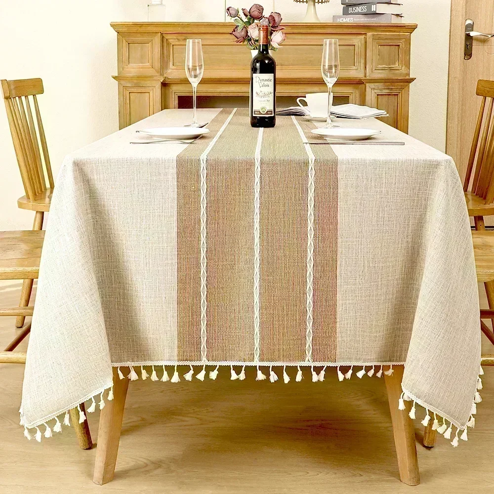 thumbnail image 1 of Mantel Rectangular resistente a las arrugas, impermeable, lavable, cubierta de mesa de granja con borlas, 1 of 5