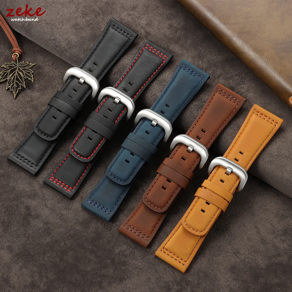 Vintage Crazy Horse Leather Watch Strap - Premium Top Grain Cowhide with Black Silver Clasp, 28mm