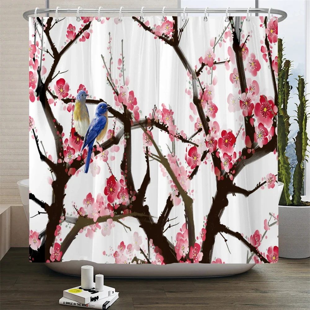 Chinese Style Flower and Birds Tree Shower Curtains Bath Curtain Waterproof Bathroom Decor With Hooks 3d Printing Bath Curtain 5