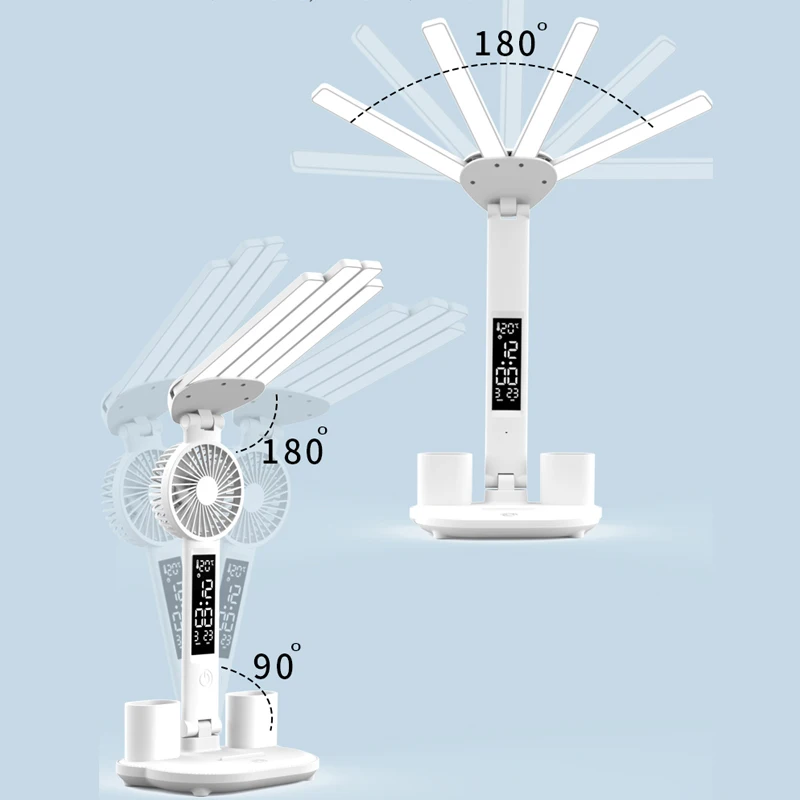 3in1 Multifunction Table Lamp LED Four-headed Folding With Fan Calendar Clock USB Rechargeable Desk light 3 color Reading Lamp 6