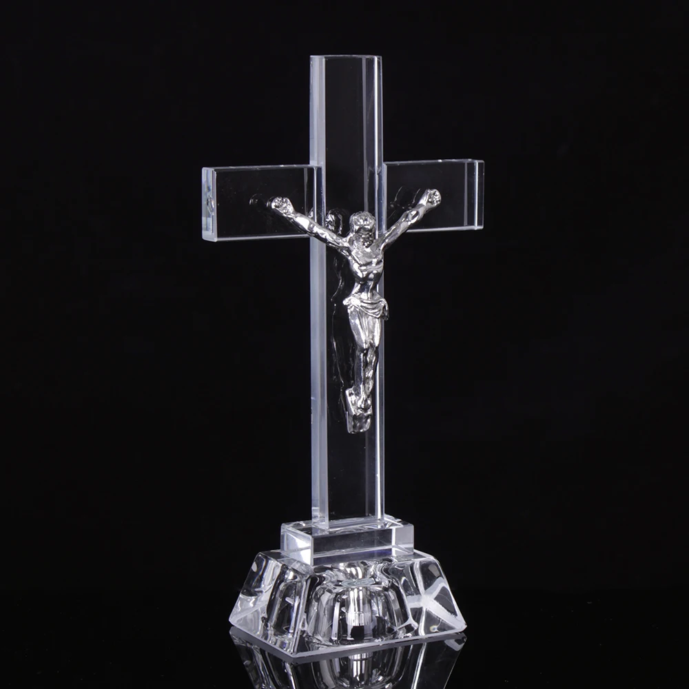 

Hot Sell Crystal Glass Cross Jesus with LED Baby Christian Shower Souvenir Gifts Religious Figurine Statue Home Decoration