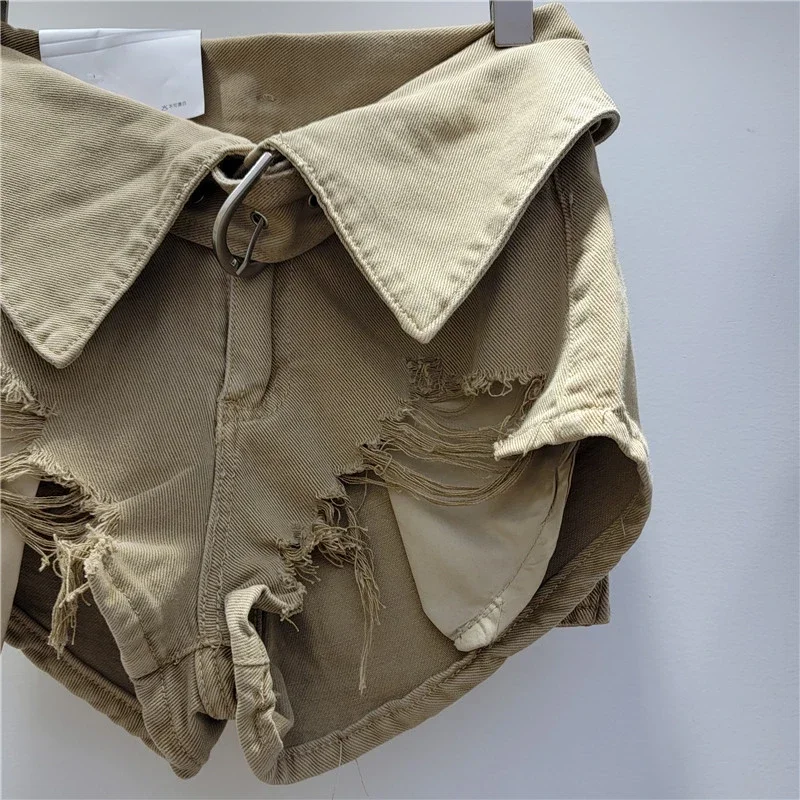 Distressed Cargo Shorts Jeans Vintage Holes Patchwork Denim Shorts Women Trend Lapel High Waist Irregular Pants Female Clothing
