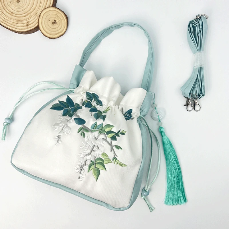 Chinese Style Retro Flower Embroidery Crossbody Top-handle Bags Women Shoulder Lace Drawstring Bucket Bag Coin Purses Handbags