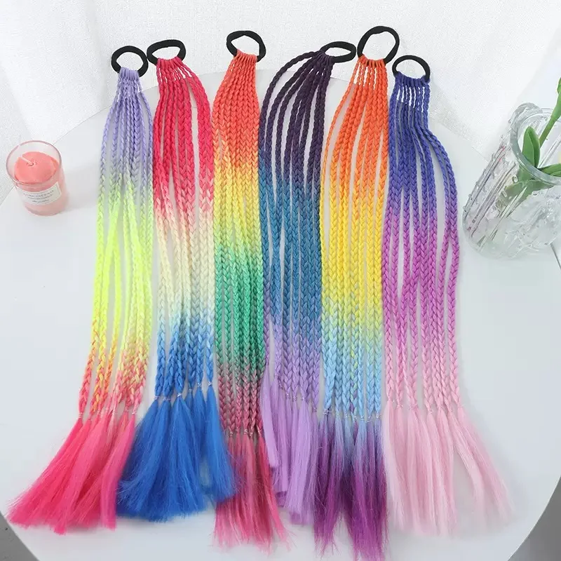Random 1PC Rainbow Braided Hair Extensions,Colorful Gradient Synthetic Hair Pieces,Fashion Dreadlocks Hair Accessories For Women