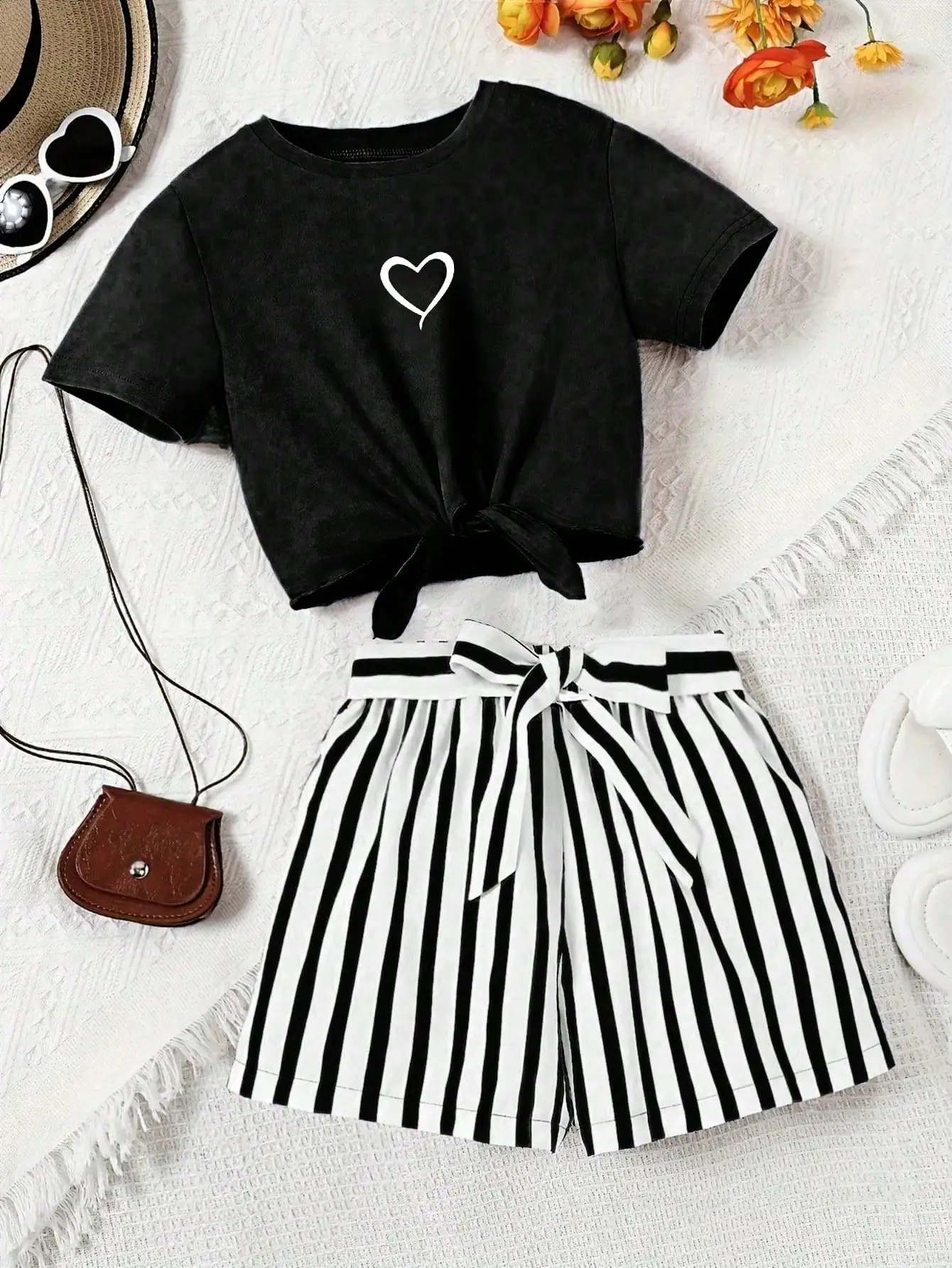 Women's casual daily short sleeved love printed+striped printed shorts 2-piece set with random belt striped children's clothing 5