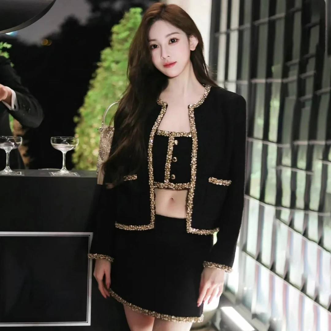 Женское весенне-осеннее черное однобортное шерстяное пальто NIGO, твидовый топ с вышивкой, короткая мини-юбка Ngvp # nigo7824