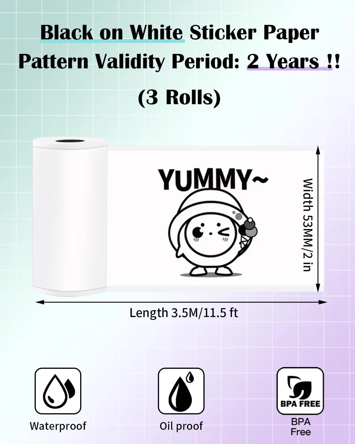 Thermal Printer Paper Roll Color/White Sticker Paper Compatible With Phomemo M02X M02L T02 Paper,(2in*11.5ft/Roll）53mm Width