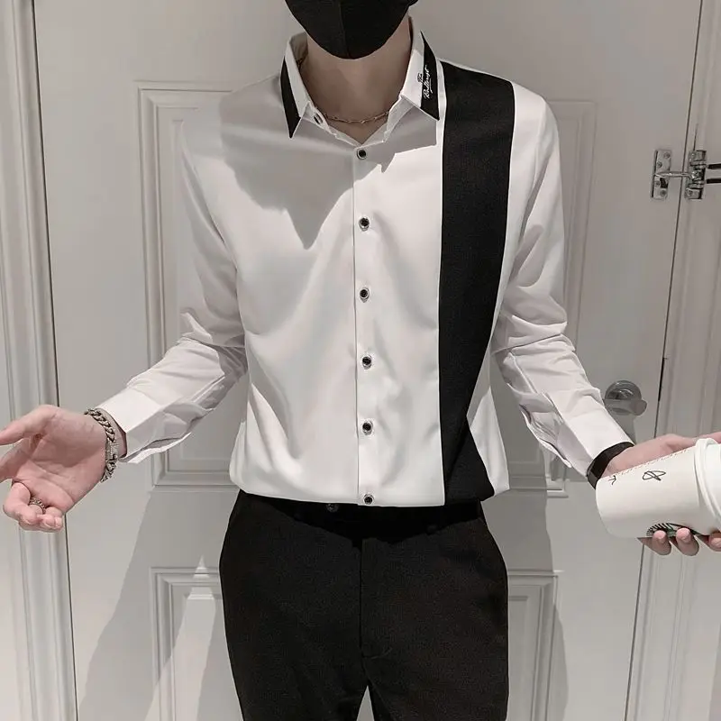 Men shirt Long-sleeved Spring and Autumn Black and White Colorblock Shirts Trendy Brand Casual Handsome Top Men's Clothing