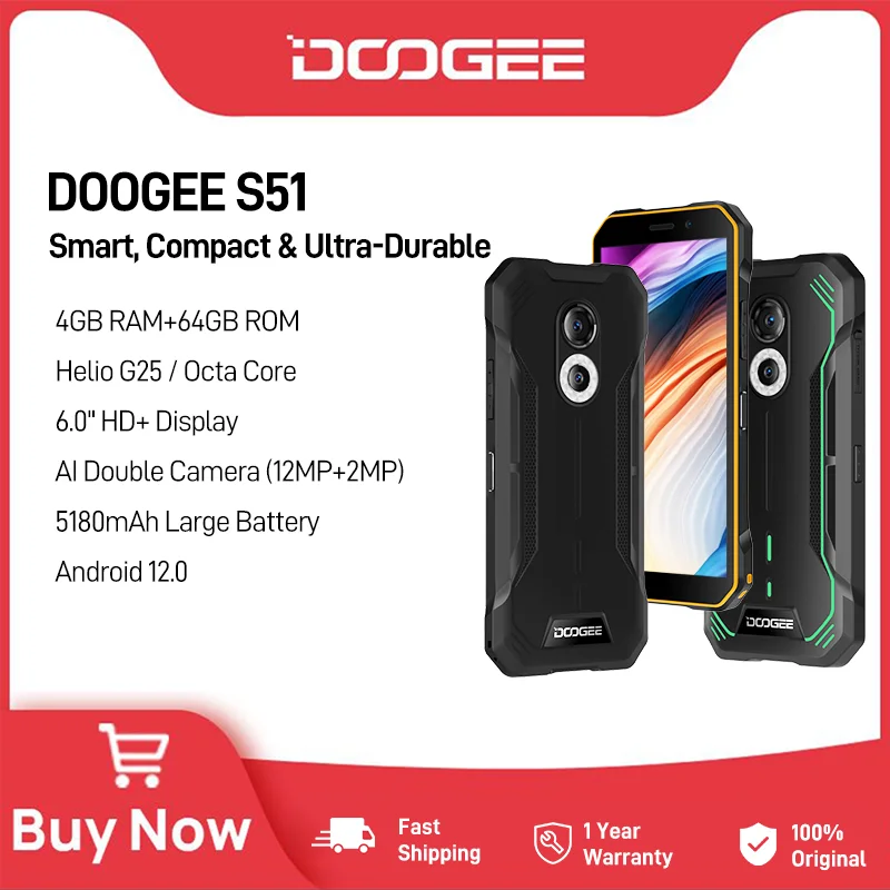 DOOGEE S51 Rugged Phone 4GB +64GB 6.0" HD Octa Core Cellphone 12MP AI ...