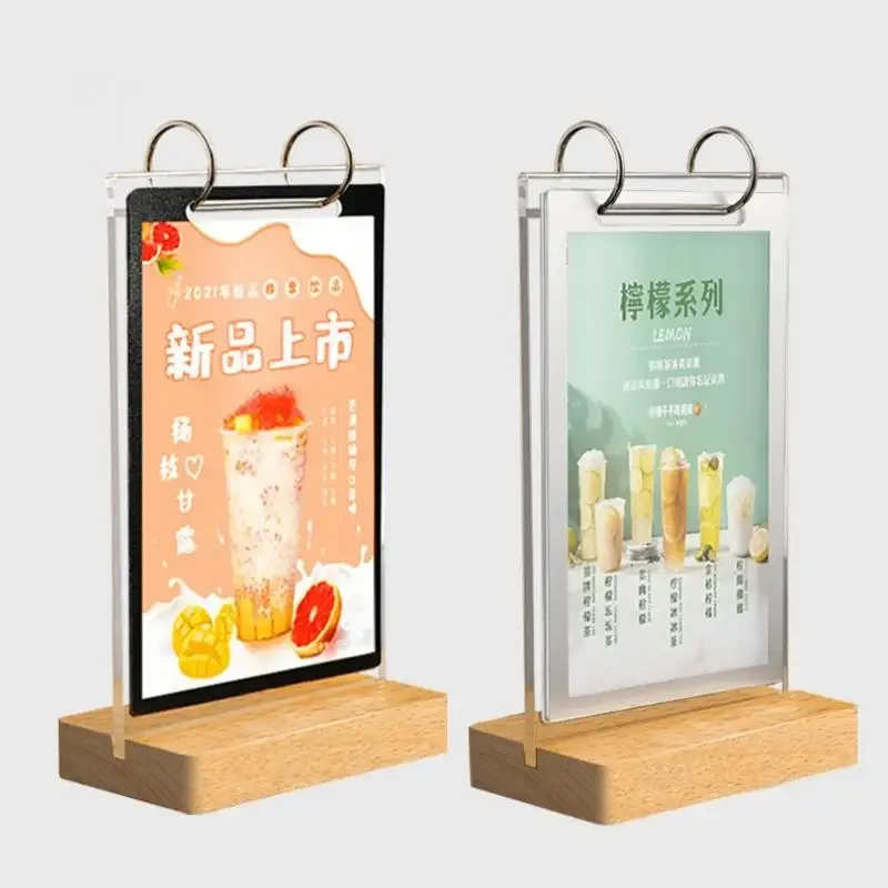 Wooden A4 A5 Double-sided Tab Le Sign Display Holder Menu Price List Card Racks Resturant Pages Turning Table Signboard Stand