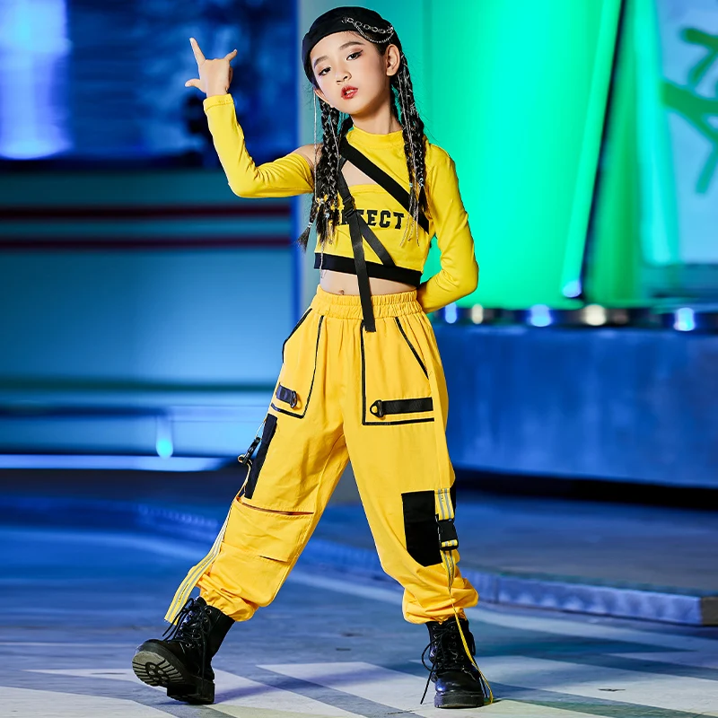 

Kids Hip Hop Practice Clothing Girls Street Dance Yellow Outfit Jazz Dance Costumes Children Catwalk Show Stage Clothes DWY7260