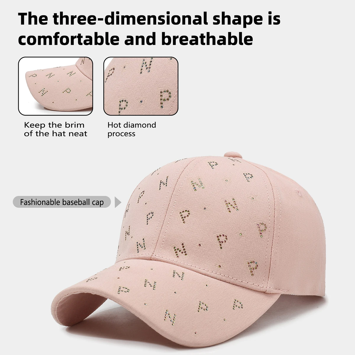 Deep-Top Baseball Hat for Women with Hard Top, Large Head Circumference, Small Face, Summer New Sunshade, Outdoor Letters, Hot Diamond Peaked Hat, Travel and Work Clothing