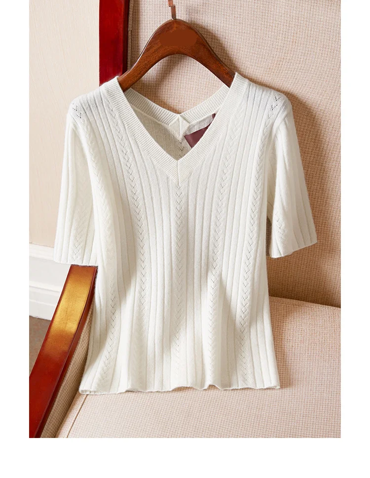 new summer v-neck ice silk short sleeve women's round neck knitting thin hollow out T-shirt bottom half sleeve top