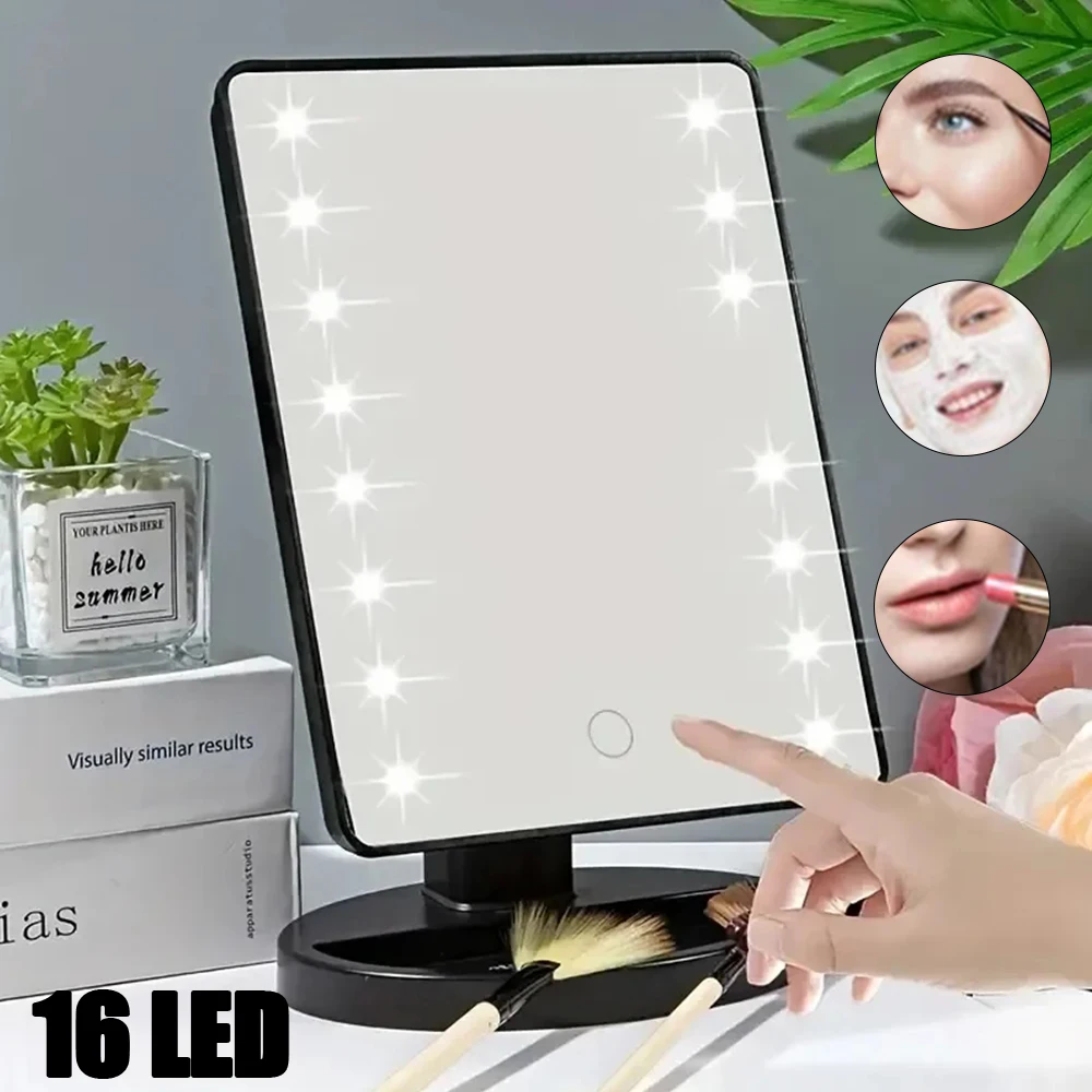 16LED HD Lights Makeups Mirror USB Rechargeable Touch Screen Beauty Vanity Mirror Rotatable Bedroom Bathroom Cosmetic