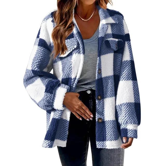 2024 Autumn Winter New Women's Clothing Pocket Plaid Lambswool Jacket Button Plush Coat Shacket 2