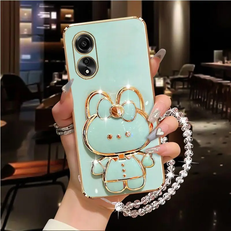Elegant Diamond Strap Mirror Rabbit Holder Phone Case with Stand Cover