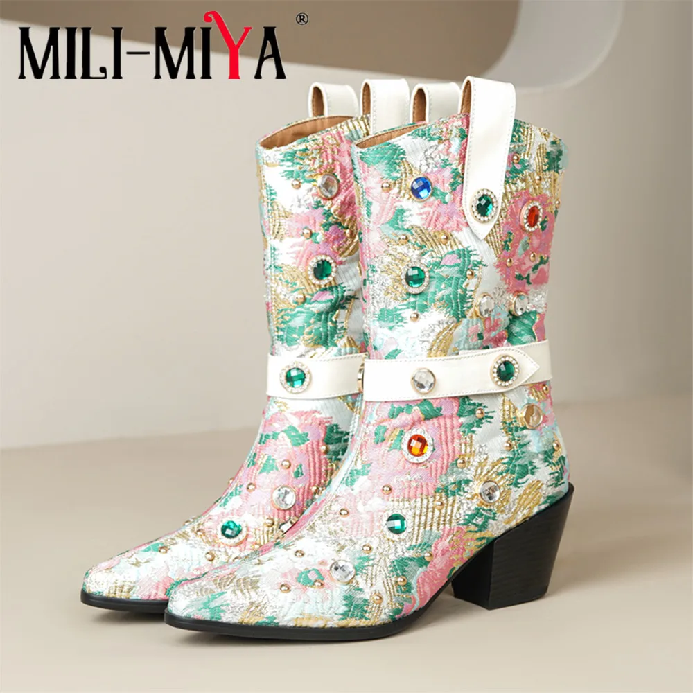 

MILI-MIYA New Arrival Ethnographic Style Women Cow Leather Mid Calf Boots Pointed Toe Thick Heels Crystal Plus Size 34-43 Dress