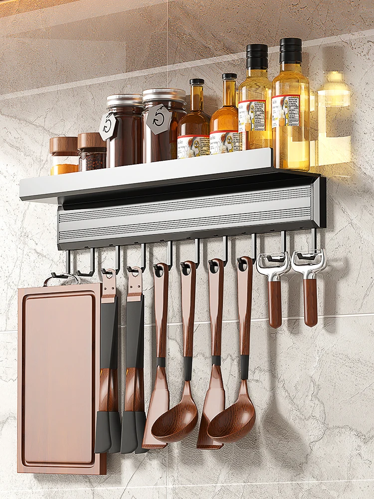 

Kitchen Rack Wall-mounted Spatula Spoon Rack Multi-functional Seasoning Supplies Storage Rack Hook Free Punch