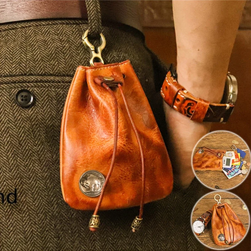 Original Leather Men Coin Purse Drawstring Design Vintage Leather Pocket for Cigarette Shreds Waist Hanging Key Organizer Wallet key organizer