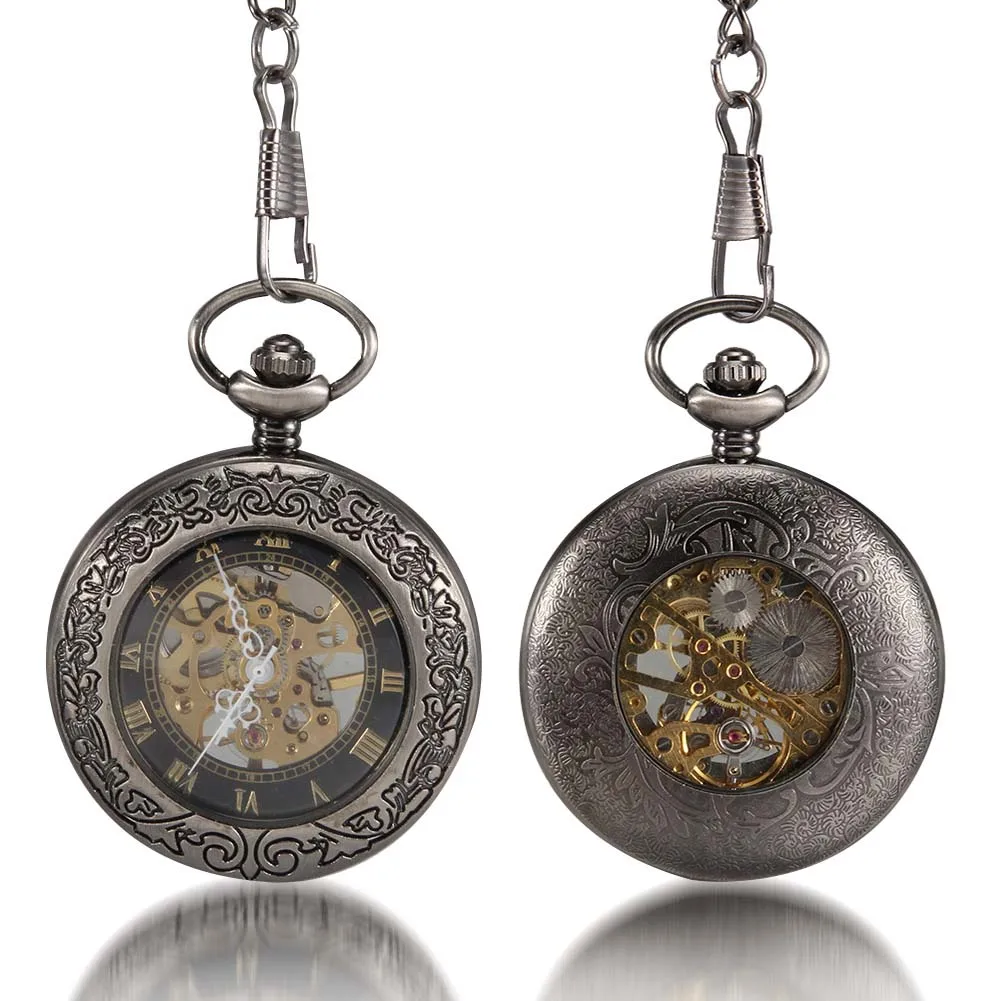Men Women Mechanical Pocket Watch Transparent Glass Carved Case with Chain LL@17