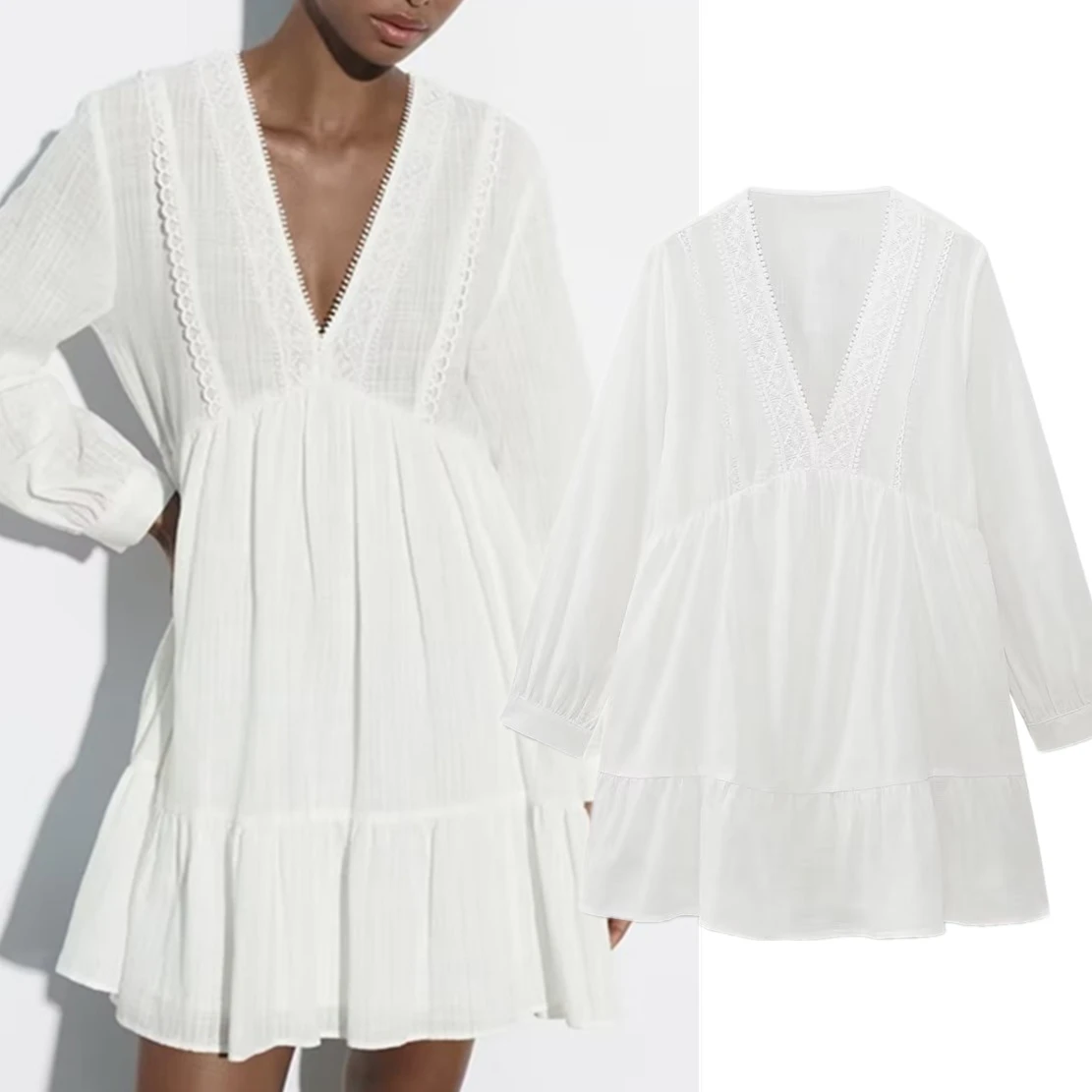 

Dave&Di Bohemian Style Indie Folk Cotton Dress for Women Lace Retro Embroidery Hollow V Neck Loose Cotton