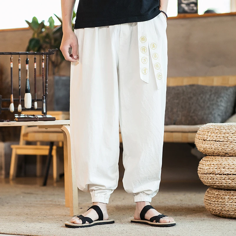 Cotton Kimono Pants Loose Harajuku Trousers Japan Men Traditional Asian Clothing Yukata Style Embroidered Harem Costume