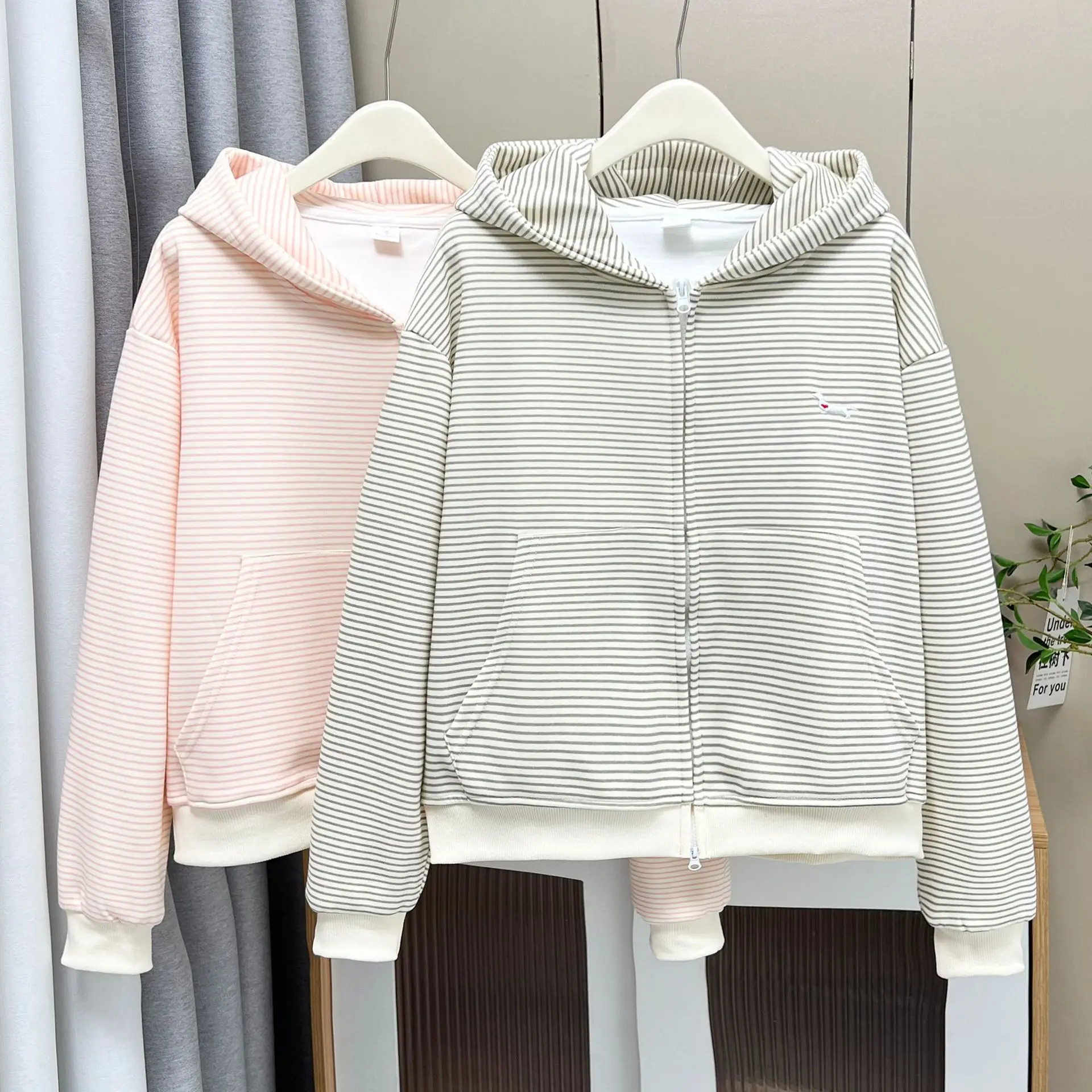 XXXXL Fashion Plus Size Women's Hoodies Autumn New Style Youthful Striped Embroidered Jacket Hooded ZIP-UP Sweatshirt