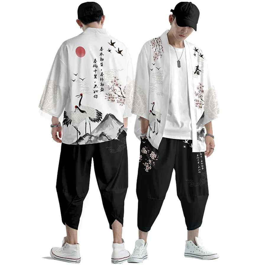 Large Size 5XL 4XL Invincible Printing Japanese Style Fashion Kimono And Pants Set Men Cardigan Blouse Haori Obi Asian Clothes