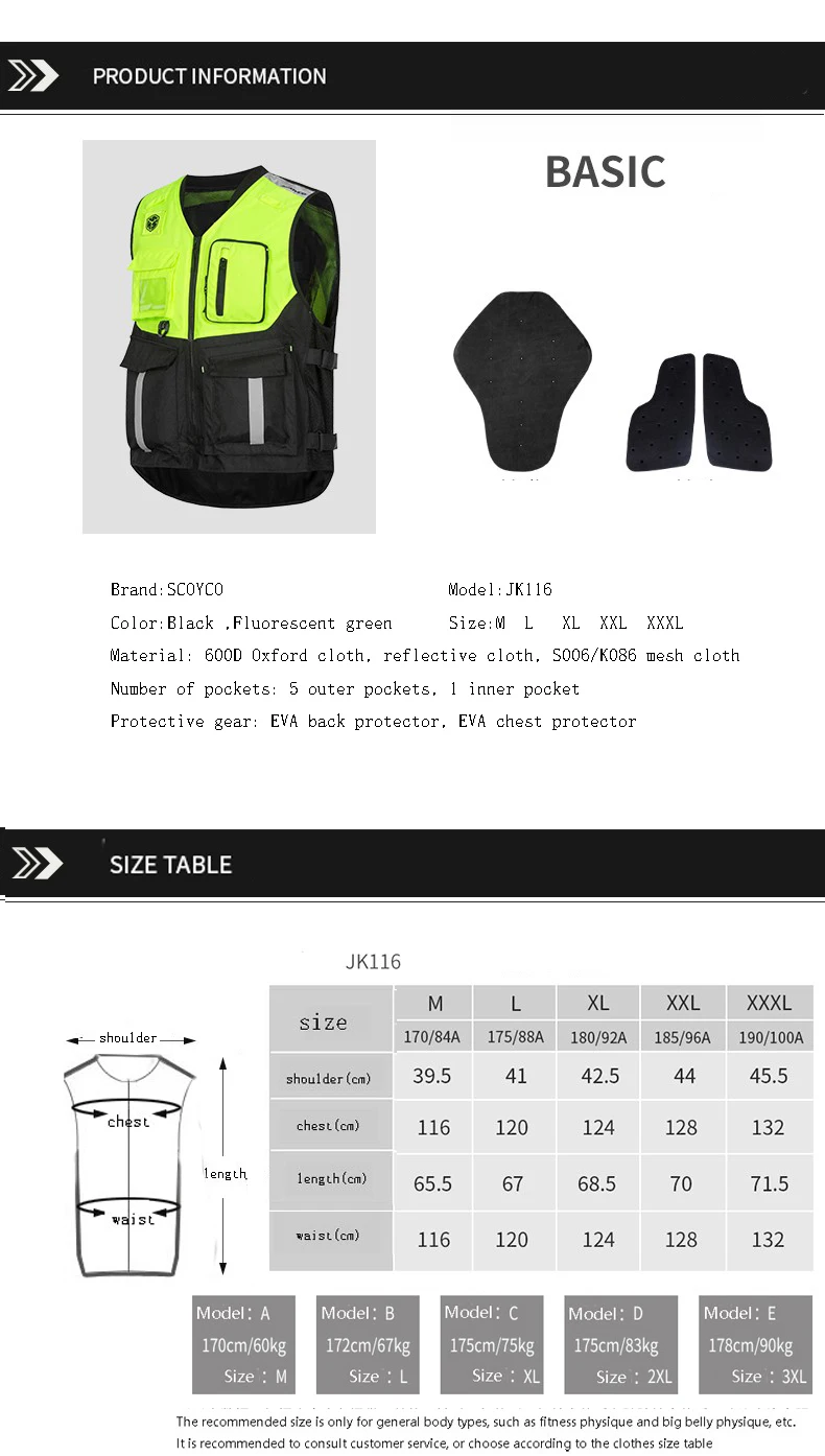 SCOYCO Motorcycle Reflective Safety Clothing Jacket Motocross Back chest Protective