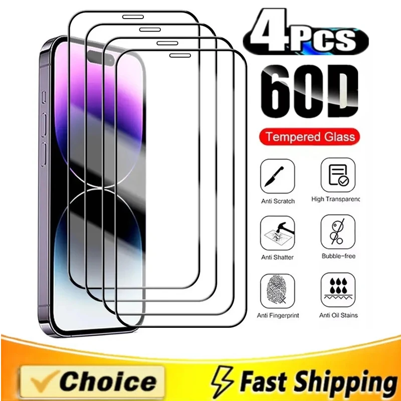 4PCS 60D Full Cover Protective Glass For IPhone 15 11 X XR XS MAX 6 7 8 Plus Screen Protectors On iPhone 13 12 Mini 14 Pro Glass