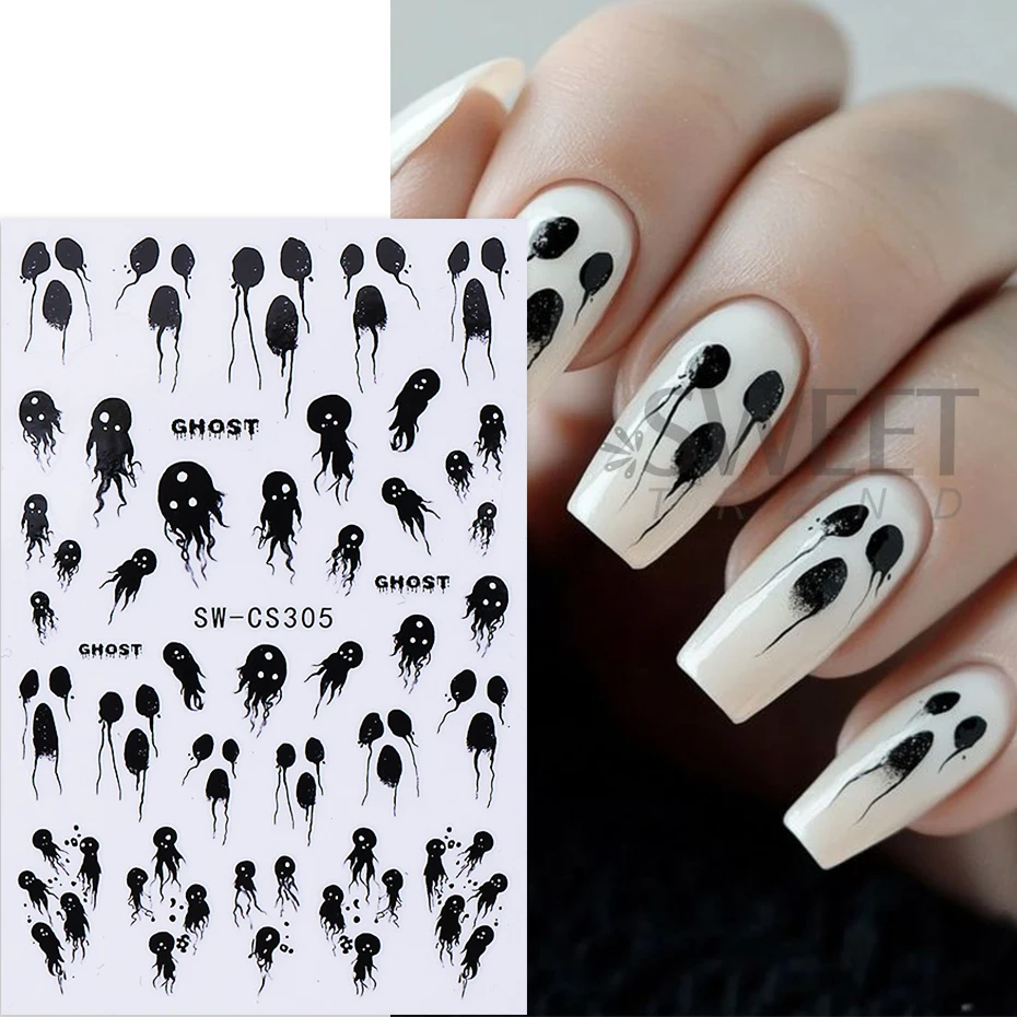 2pcs Halloween Nail Stickers Cartoon Black Ghost Pumpkin pattern Self-Adhesive Nail Decals DIY Charms Slider Manicure Decoration