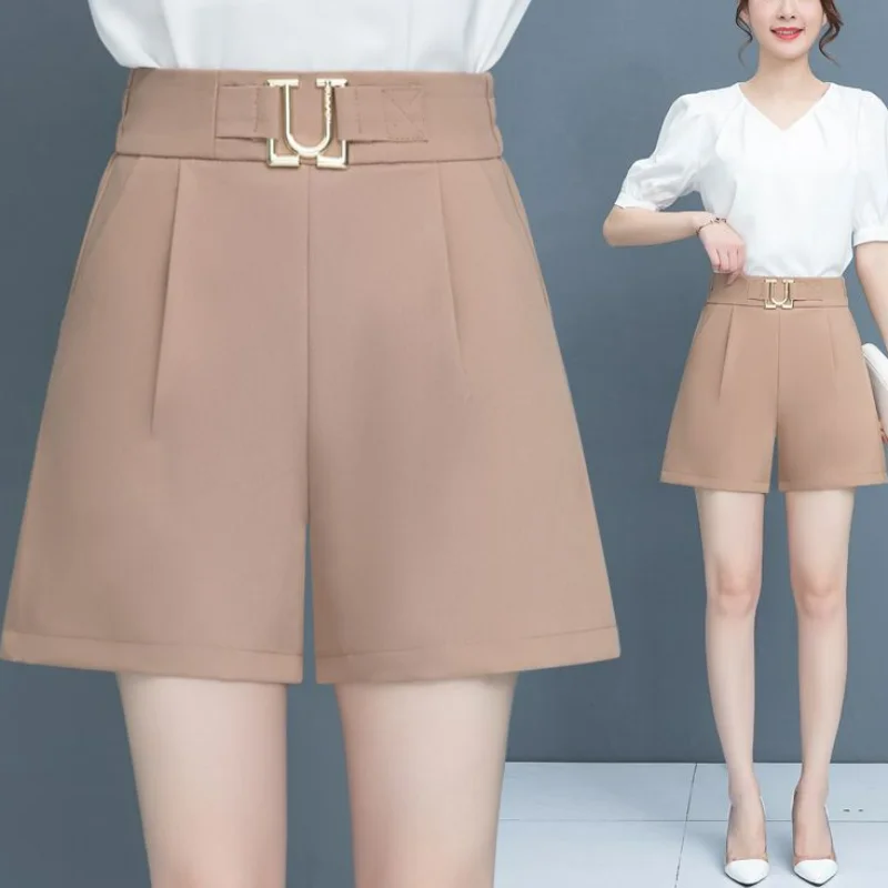 Summer Ice Silk New High Waist Loose Versatile Wide Leg Suit Shorts Women Solid Patchwork Pocket Fashion Korean Straight Shorts