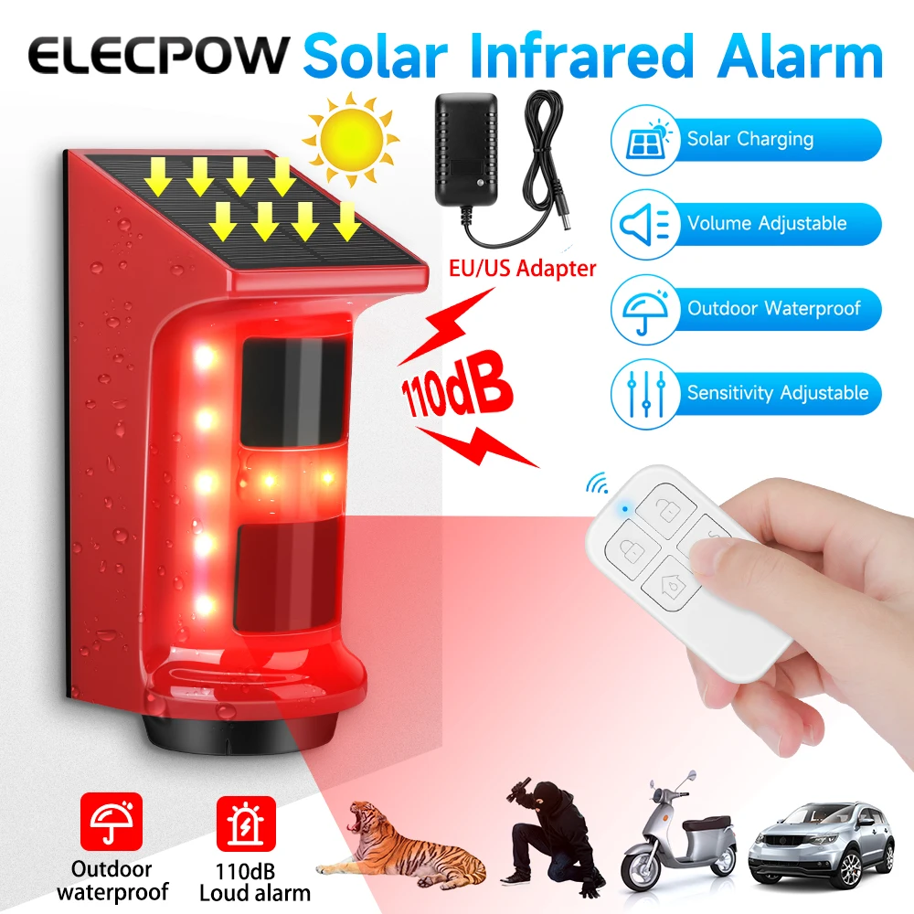 

Elecpow Solar Infrared Alarm Outdoor Waterproof Anti Pet Human PIR Motion Detector Sensor 110dB Burglar Alarm For Home Yard