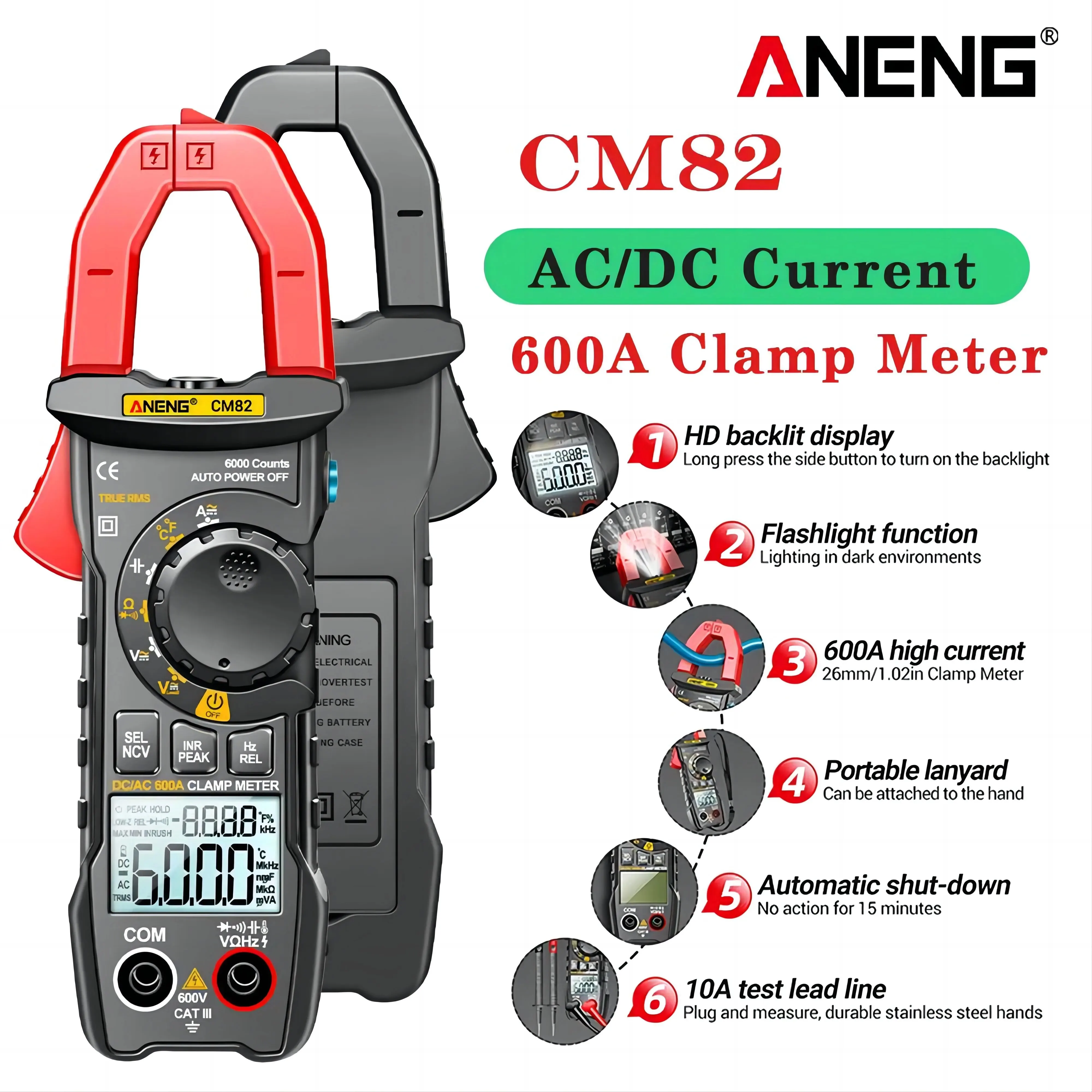 ANENG CM82 클램프 미터 DC/AC 600A 전류 전압 6000 카운트 멀티..